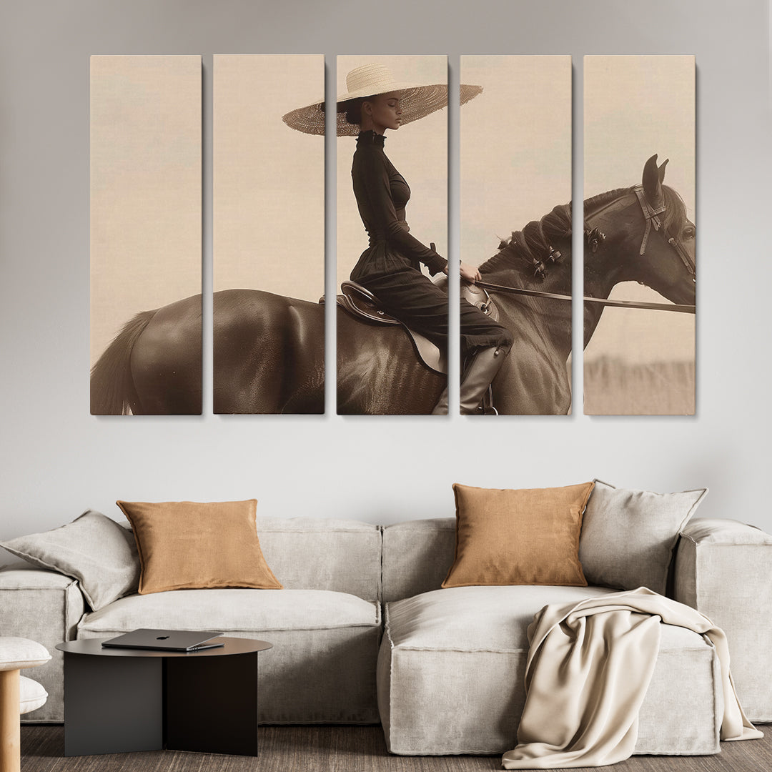Beautiful Woman Rider on Horse Canvas Print ArtLexy 5 Panels 36"x24" inches 