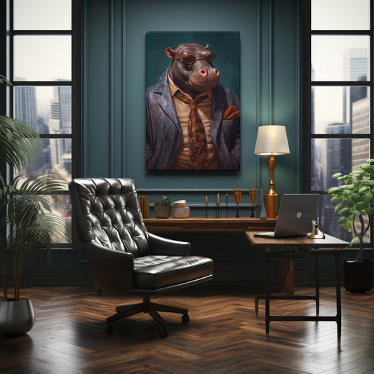 Sophisticated Hippo in Patterned Blazer Canvas Print ArtLexy 1 Panel 16"x24" inches 