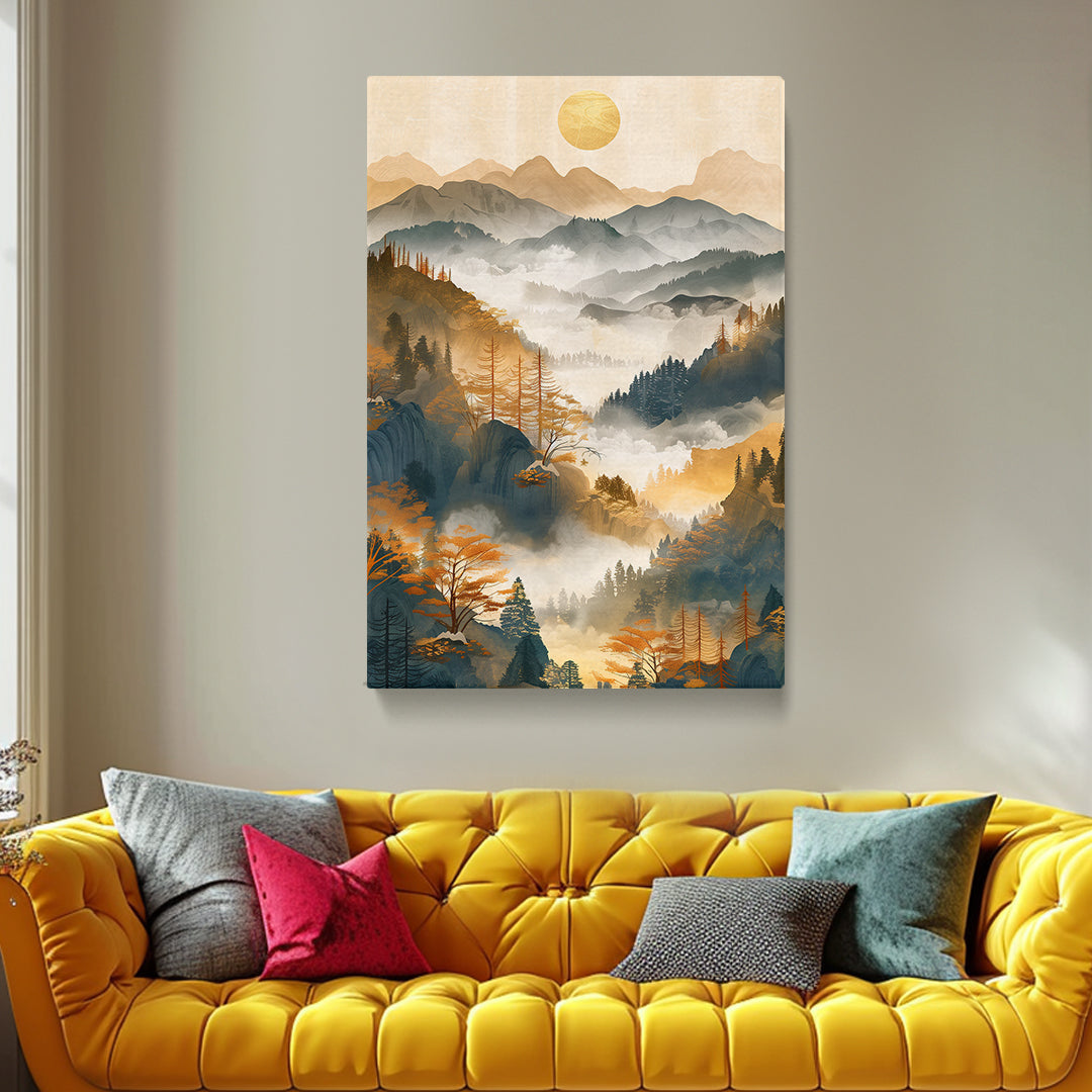 Sunlit Misty Valley and Mountain Canvas Print ArtLexy   