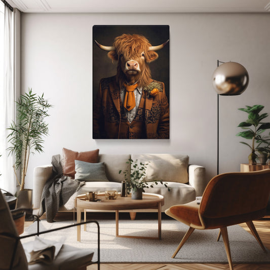 Gentleman Highland Cow in Tweed Blaze Canvas Print ArtLexy 1 Panel 16"x24" inches 