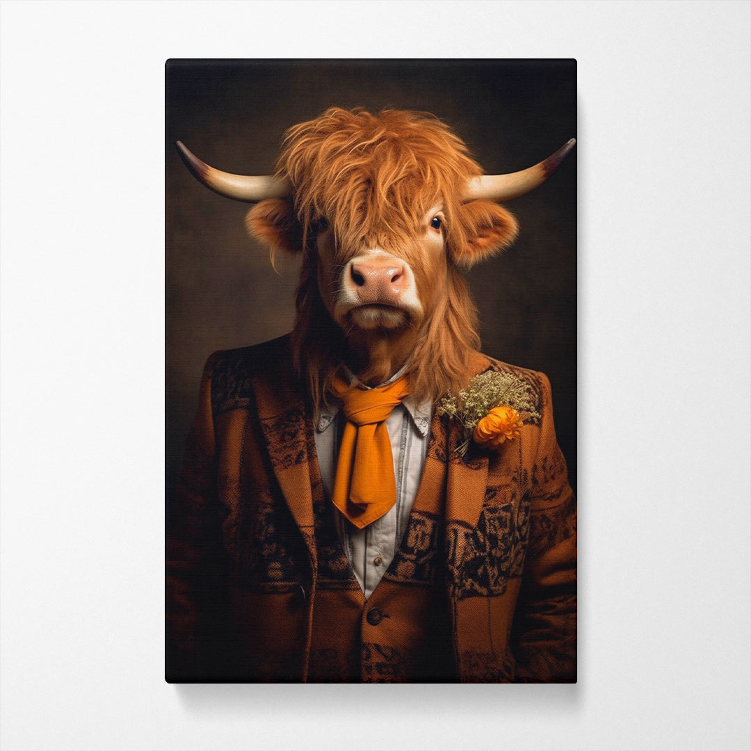 Gentleman Highland Cow in Tweed Blaze Canvas Print ArtLexy   