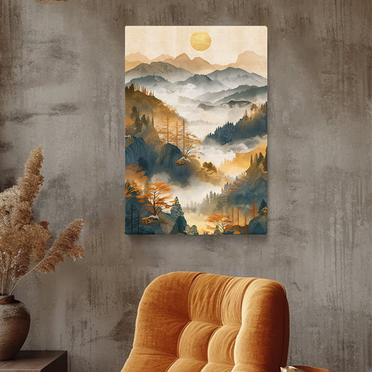 Sunlit Misty Valley and Mountain Canvas Print ArtLexy 1 Panel 16"x24" inches 