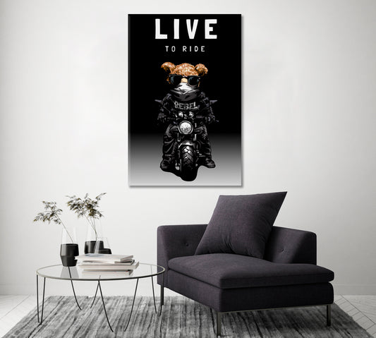 Live To Ride. Biker Bear on Motorcycle Canvas Print ArtLexy   