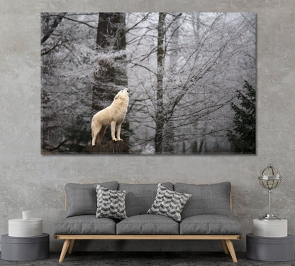 Wolf Howling in Winter Forest Canvas Print ArtLexy 1 Panel 24"x16" inches 