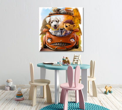 Bear with Dog in Car Canvas Print ArtLexy   