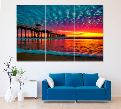 Huntington Beach Pier California Canvas Print ArtLexy 3 Panels 36"x24" inches 