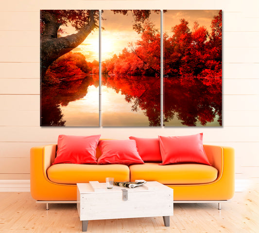 Red Autumn Trees along River Canvas Print ArtLexy 3 Panels 36"x24" inches 
