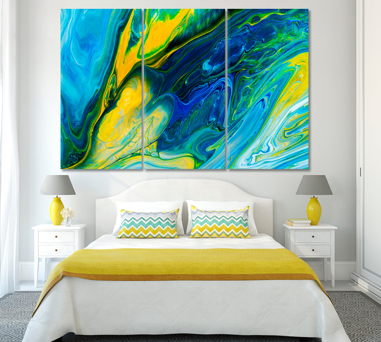 Blue Yellow Abstract Ink Pattern Canvas Print ArtLexy 3 Panels 36"x24" inches 