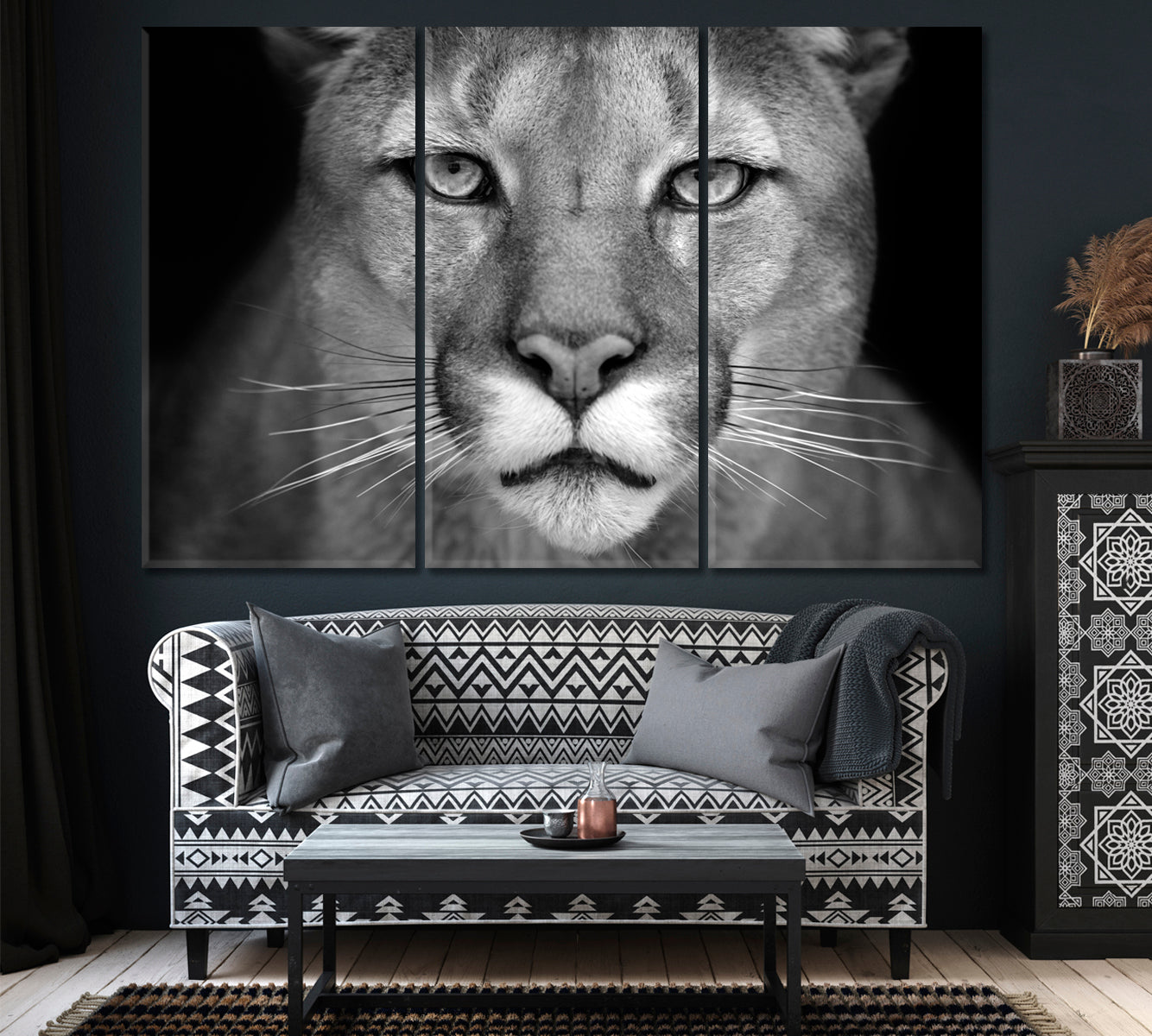 Puma Portrait in Black and White Canvas Print ArtLexy 3 Panels 36"x24" inches 