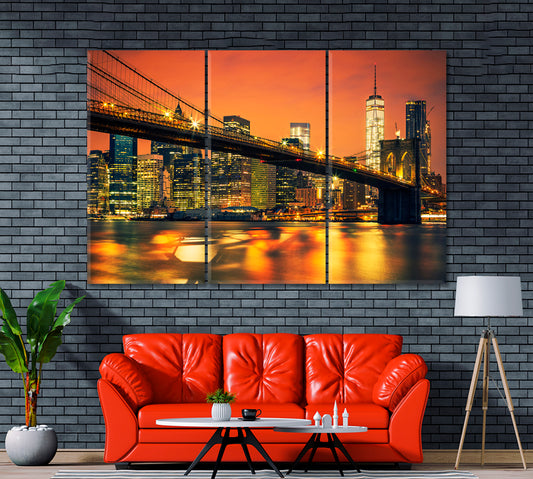 Brooklyn Bridge at Sunset New York City Manhattan Canvas Print ArtLexy 3 Panels 36"x24" inches 