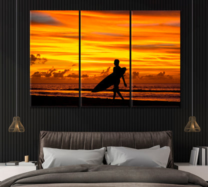 Surfer with Surfboard at Sunset Mauritius Indian Ocean Canvas Print ArtLexy 3 Panels 36"x24" inches 