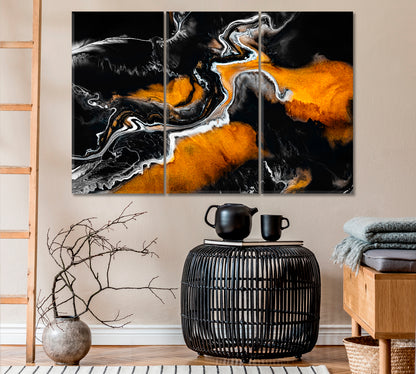Abstract Black and Orange Marble Pattern Canvas Print ArtLexy 3 Panels 36"x24" inches 