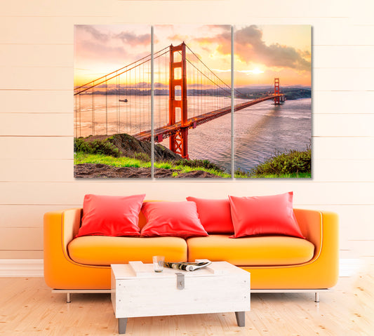 Amazing View Golden Gate Bridge San Francisco at Sunrise Canvas Print ArtLexy 3 Panels 36"x24" inches 