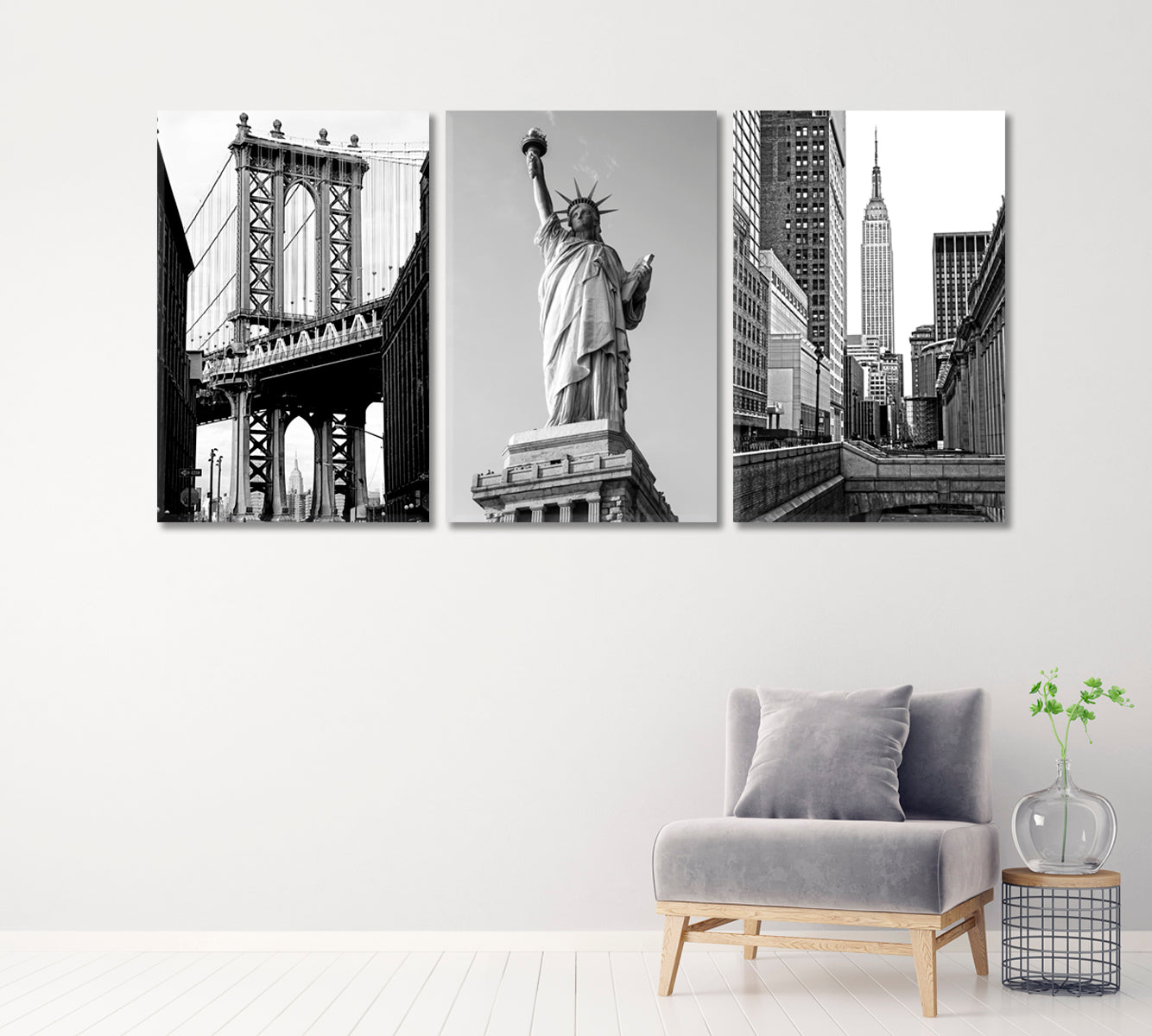 Set of 3 Empire State Building & Statue of Liberty & Manhattan Bridge Canvas Print ArtLexy