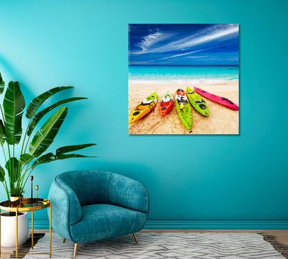 Tropical Beach with Kayaks Canvas Print ArtLexy   