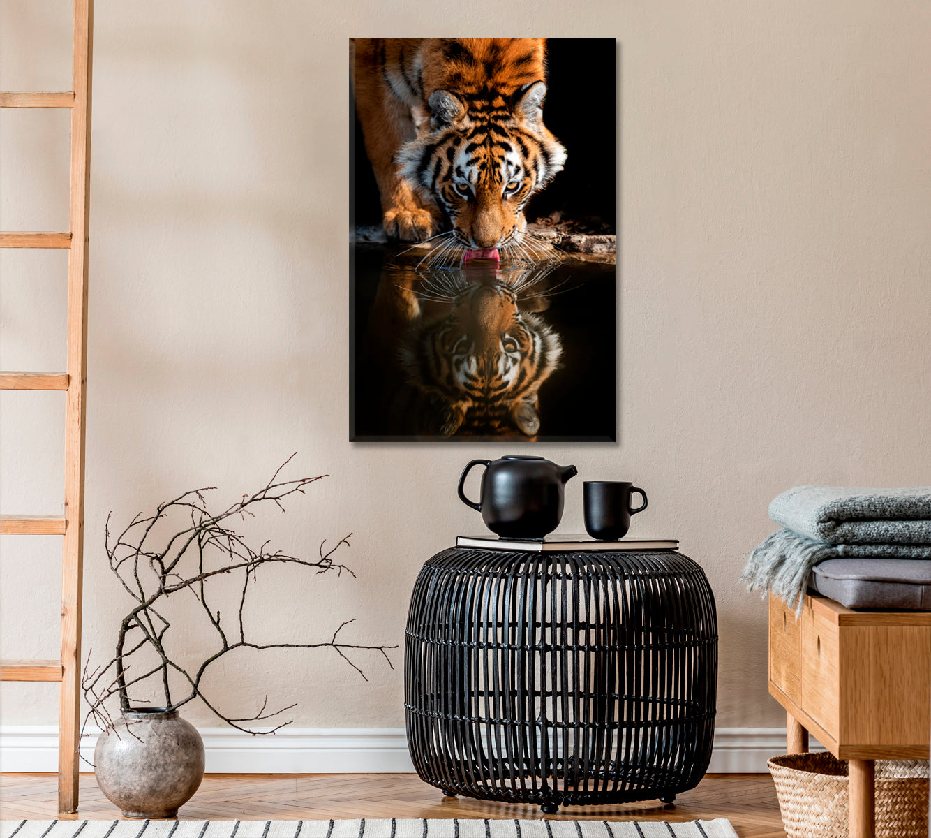 Tiger Drinks Water Canvas Print ArtLexy