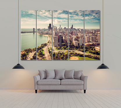 Chicago Skyline with Road by the Beach Canvas Print ArtLexy 5 Panels 36"x24" inches 