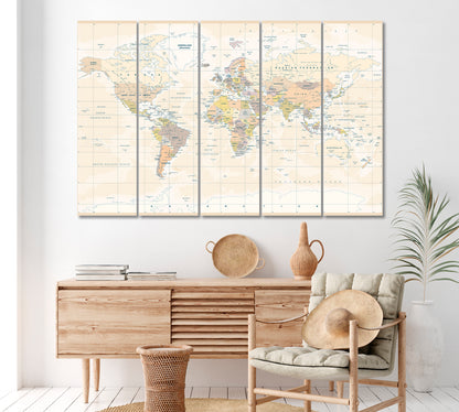 Political World Map Canvas Print ArtLexy 5 Panels 36"x24" inches 