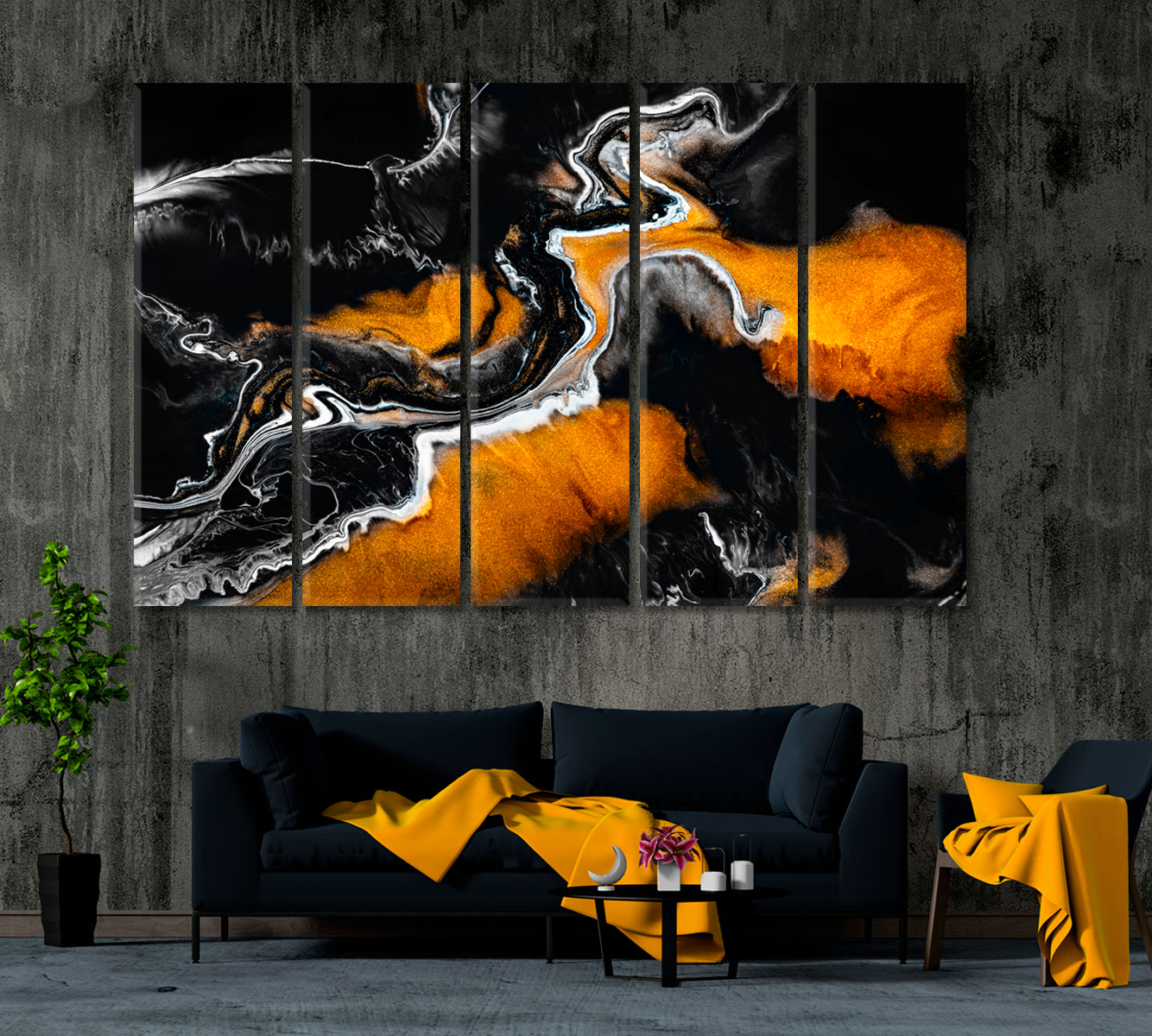 Abstract Black and Orange Marble Pattern Canvas Print ArtLexy 5 Panels 36"x24" inches 