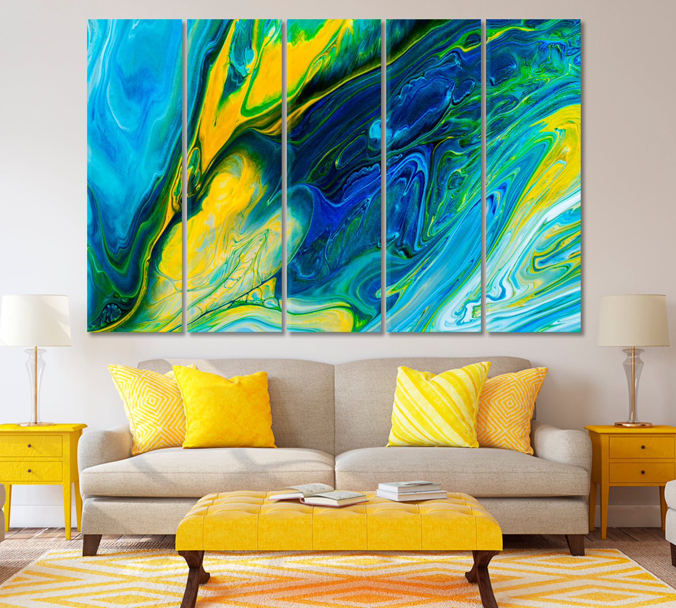 Blue Yellow Abstract Ink Pattern Canvas Print ArtLexy 5 Panels 36"x24" inches 