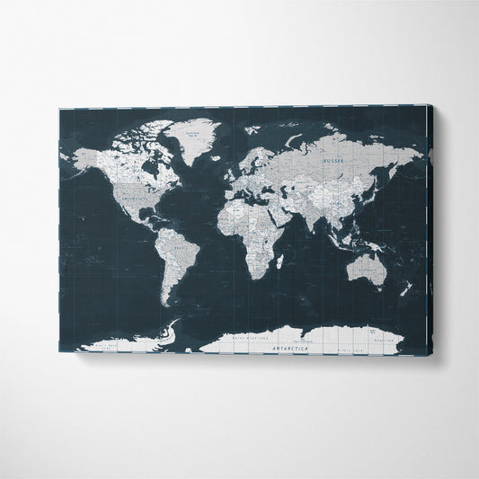 Dark Blue Political World Map Canvas Print ArtLexy 1 Panel 24"x16" inches 