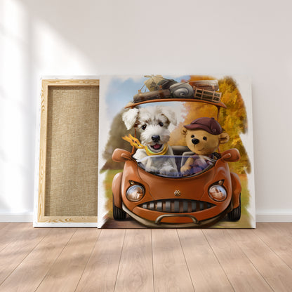 Bear with Dog in Car Canvas Print ArtLexy   