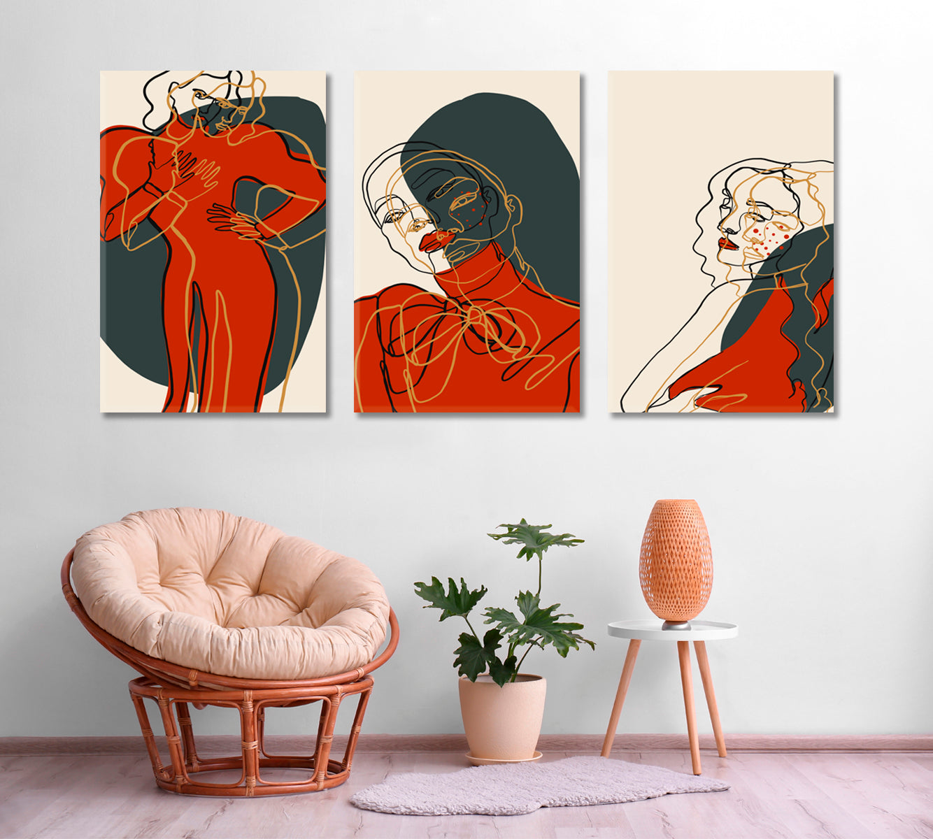 Set of 3 Abstract Line Woman Portrait in Red Dress Canvas Print ArtLexy