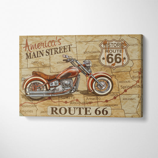 Vintage Motorcycle Route 66 Canvas Print ArtLexy 1 Panel 24"x16" inches 