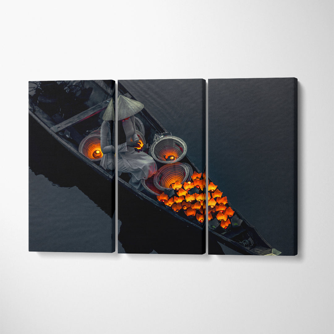 Vietnamese Girl Set Fire to Ritual Lanterns for Luck Canvas Print ArtLexy 3 Panels 36"x24" inches 
