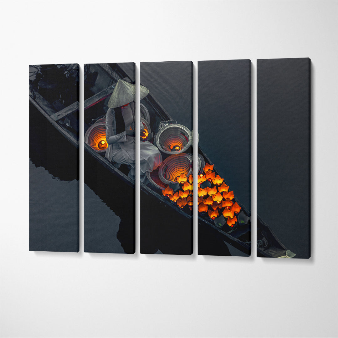 Vietnamese Girl Set Fire to Ritual Lanterns for Luck Canvas Print ArtLexy 5 Panels 36"x24" inches 