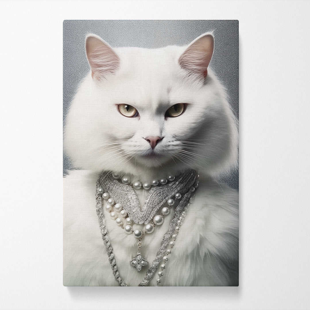 Regal White Cat with Pearls Canvas Print ArtLexy   