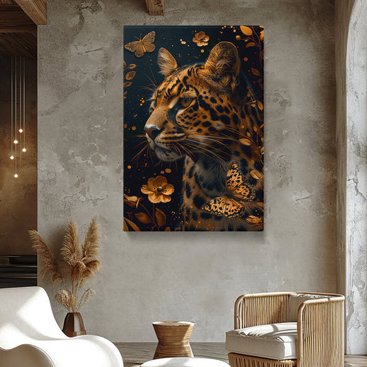 Golden Accented Leopard and Butterflies Canvas Print ArtLexy 1 Panel 16"x24" inches 