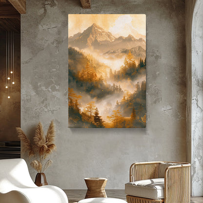 Golden Misty Mountain and Forest Canvas Print ArtLexy 1 Panel 16"x24" inches 