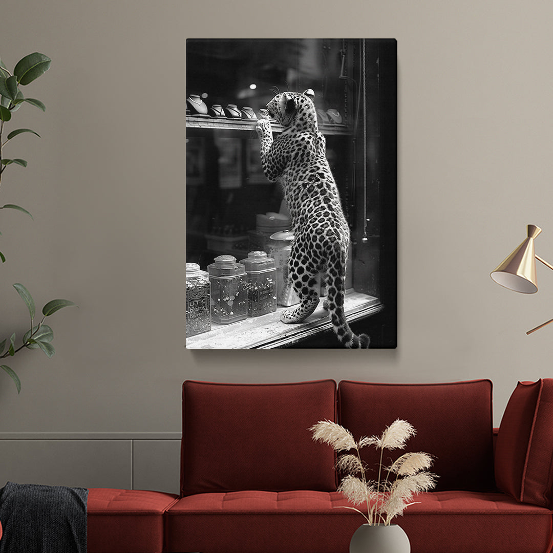 Curious Leopard Window Shopping Canvas Print ArtLexy 1 Panel 16"x24" inches 