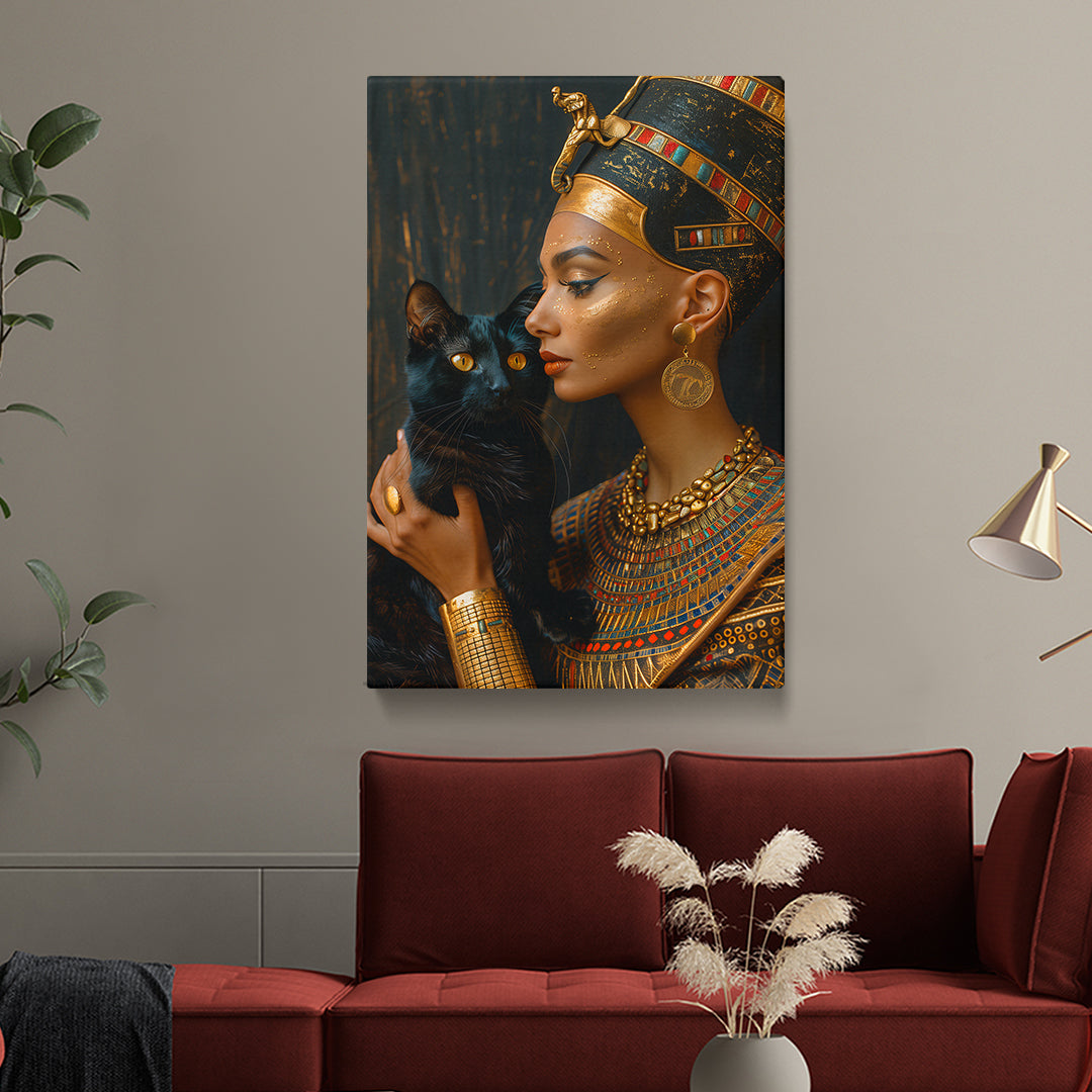 Regal Egyptian Queen with Black Cat Canvas Print ArtLexy   