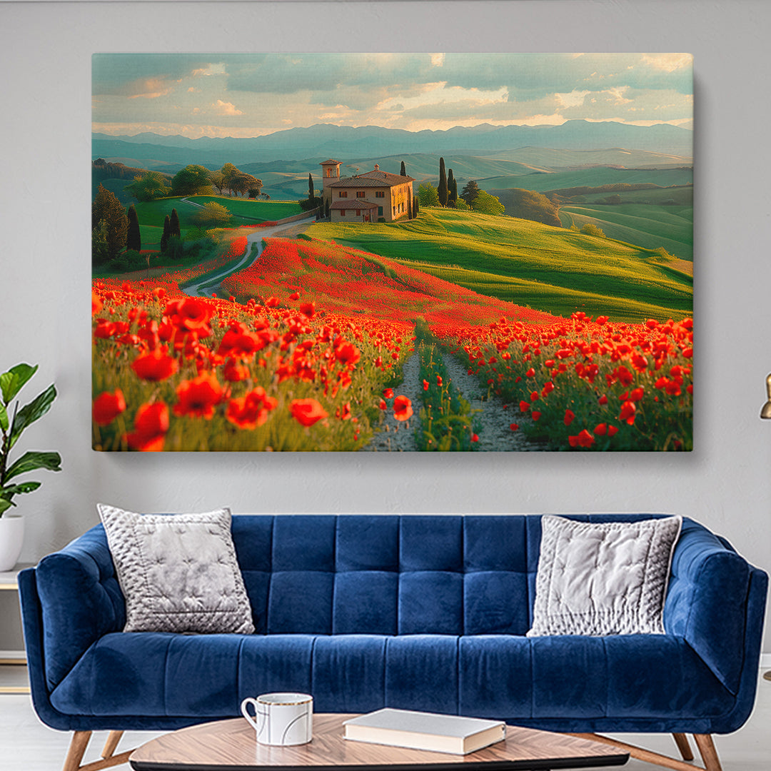 Tuscan Villa Amidst Blooming Poppy Fields Canvas Print ArtLexy 1 Panel 24"x16" inches 