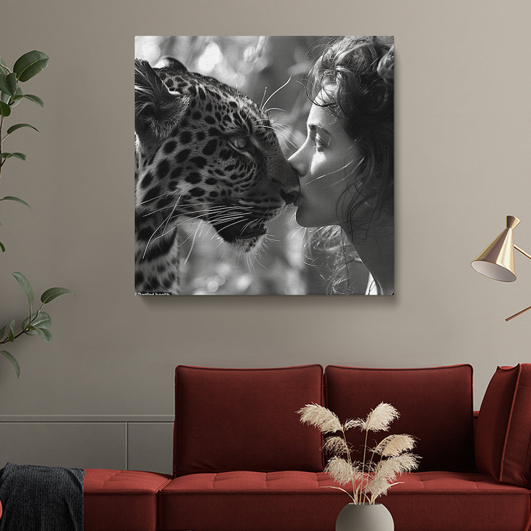 Lovely Woman Kissing Leopard Canvas Print ArtLexy 1 Panel 12"x12" inches 