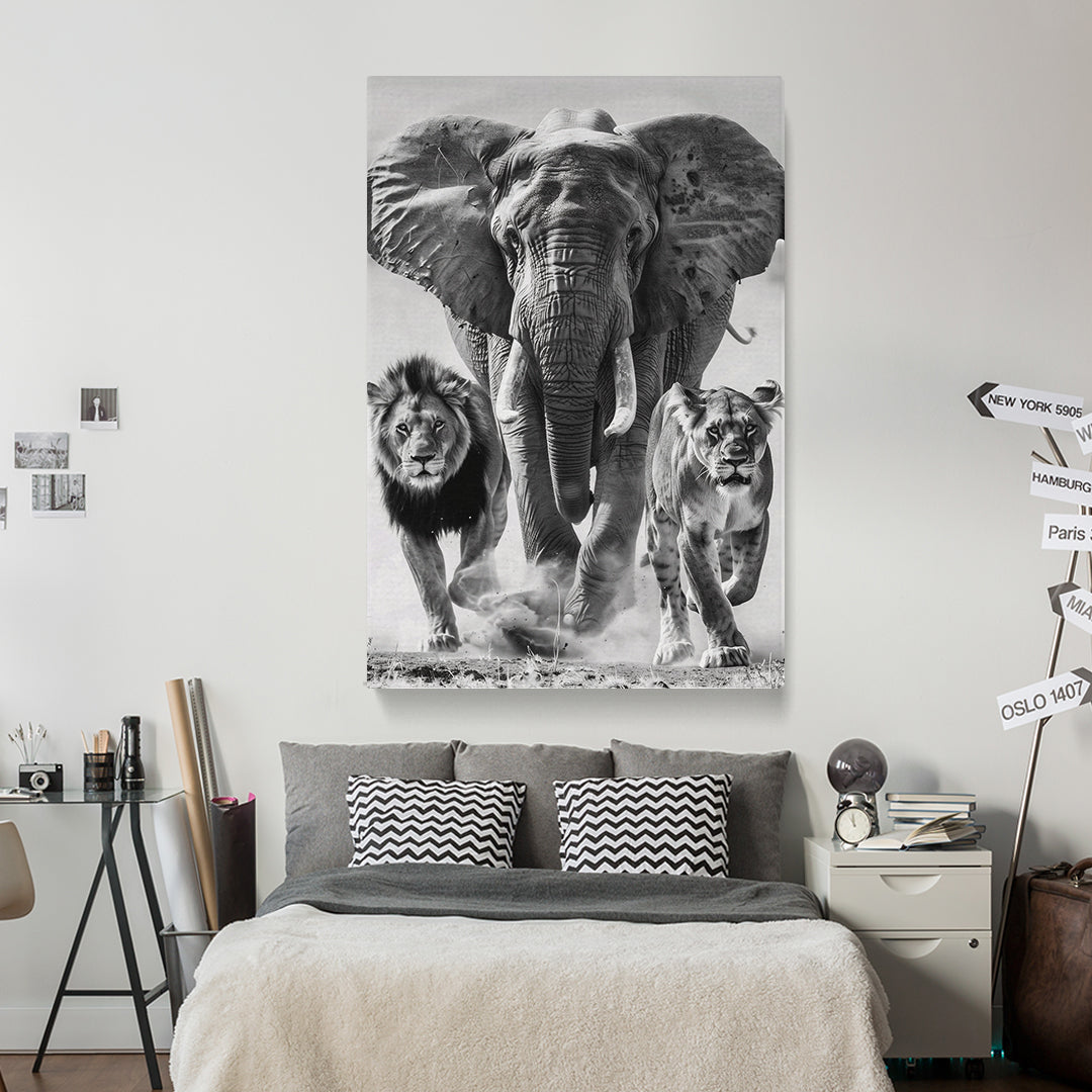 Majestic Elephant, Lion and Lioness Canvas Print ArtLexy   
