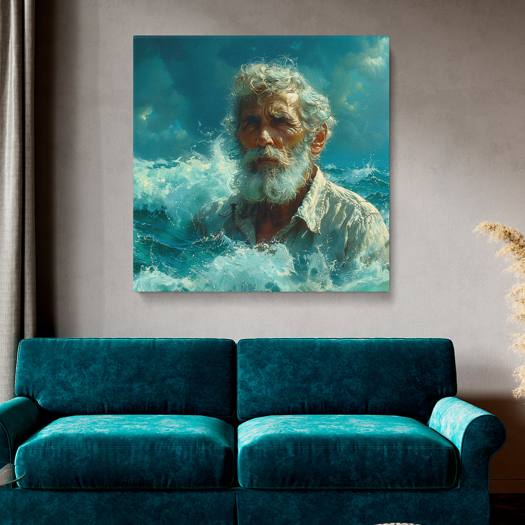 Old Man Captain in Ocean Waves Canvas Print ArtLexy 1 Panel 12"x12" inches 