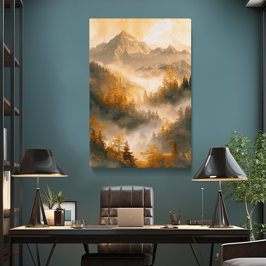 Golden Misty Mountain and Forest Canvas Print ArtLexy   