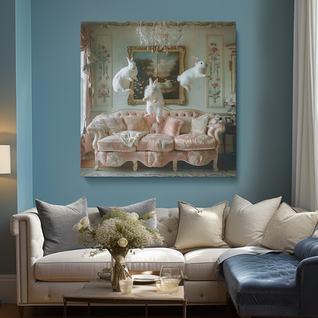 Whimsical Rabbits in Elegant Room Canvas Print ArtLexy   