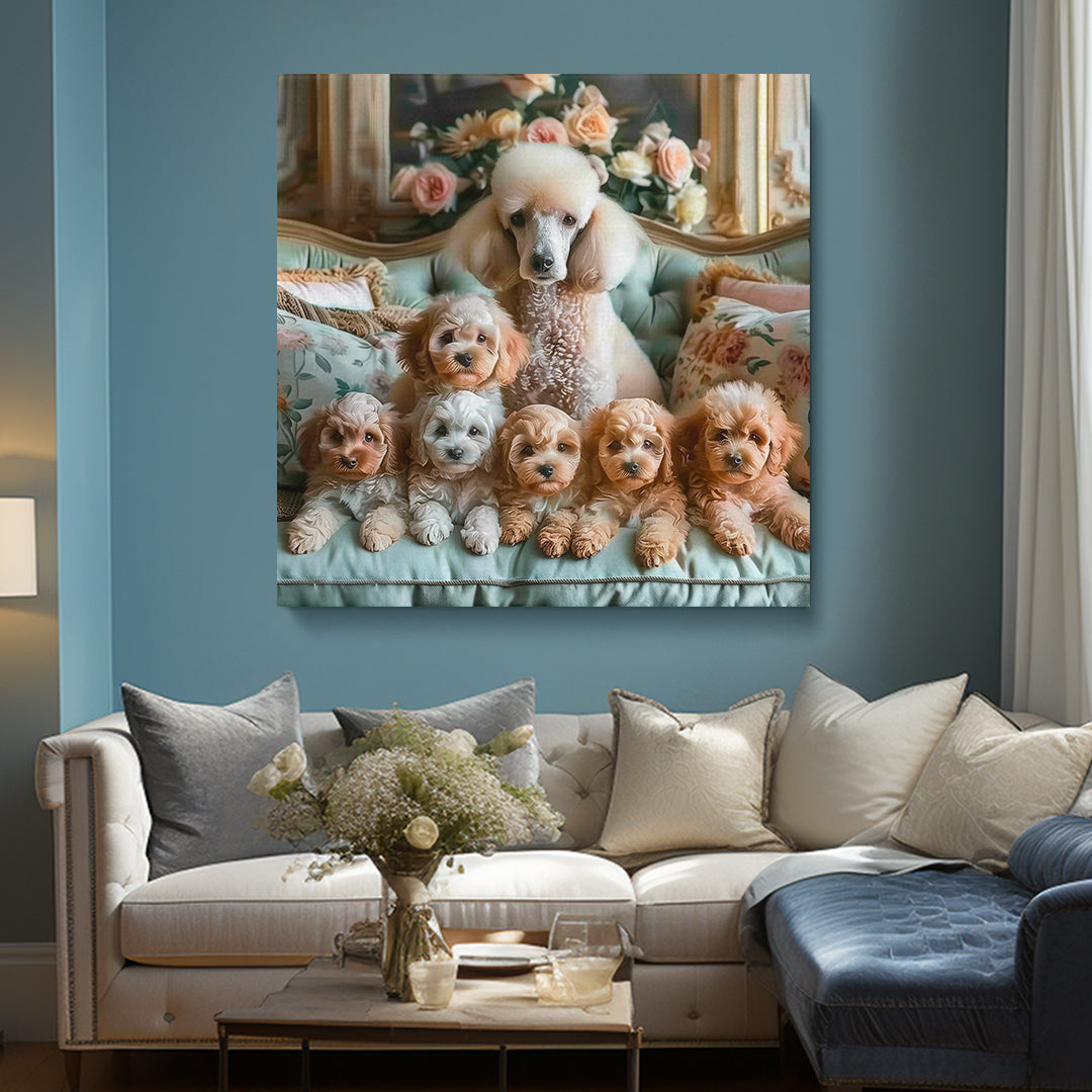 Elegant Poodle with Puppies Canvas Print ArtLexy 1 Panel 12"x12" inches 