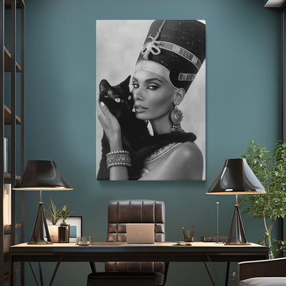 Monochrome Egyptian Queen and Black Cat Canvas Print ArtLexy   