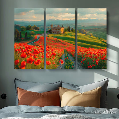 Tuscan Villa Amidst Blooming Poppy Fields Canvas Print ArtLexy 3 Panels 36"x24" inches 