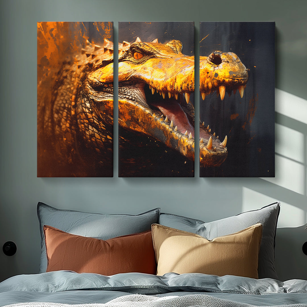 Fierce Alligator Close-Up Canvas Print ArtLexy 3 Panels 36"x24" inches 