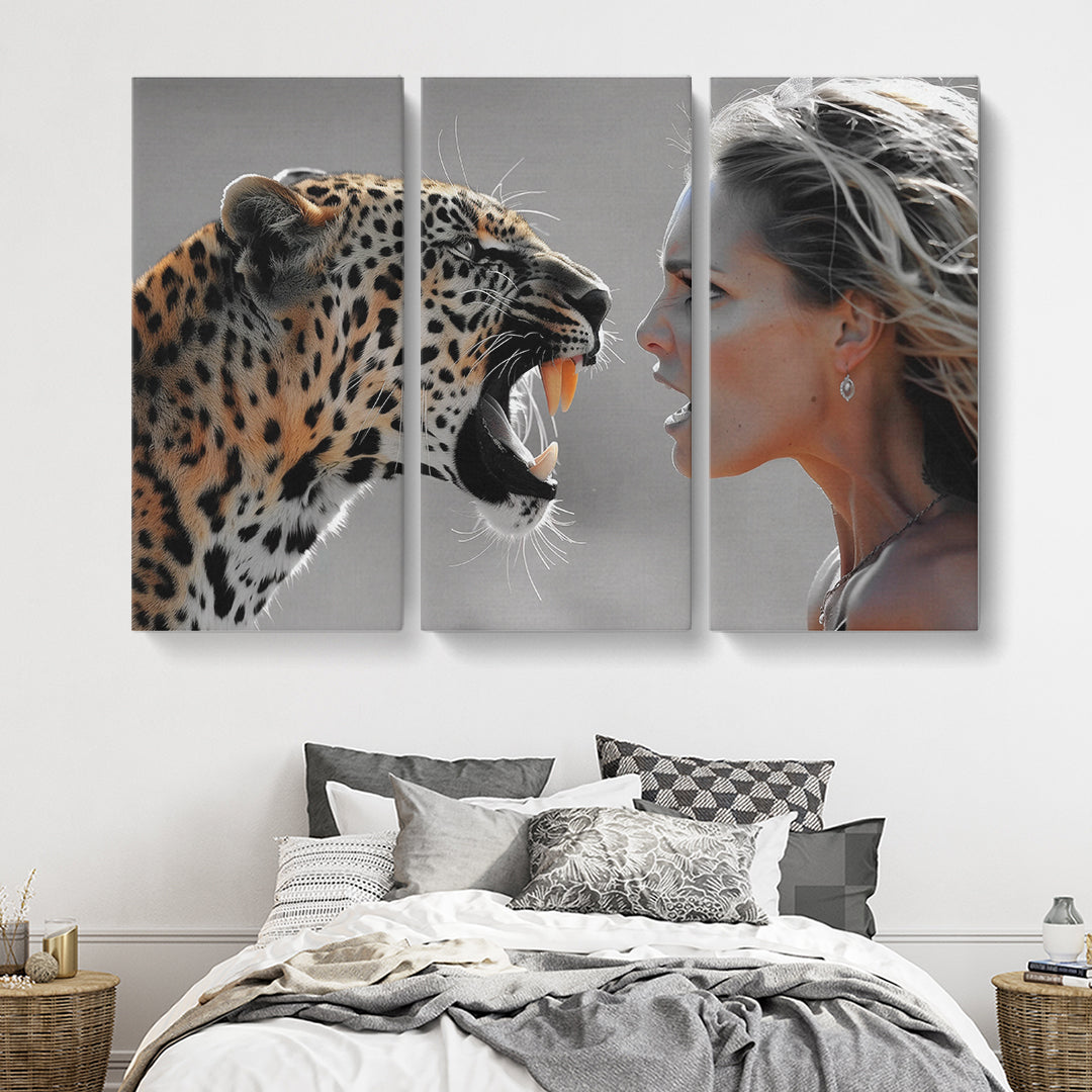 Intense Leopard Roar at Woman Canvas Print ArtLexy 3 Panels 36"x24" inches 