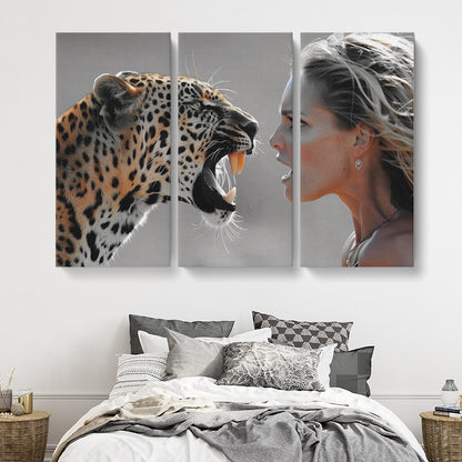 Intense Leopard Roar at Woman Canvas Print ArtLexy 3 Panels 36"x24" inches 