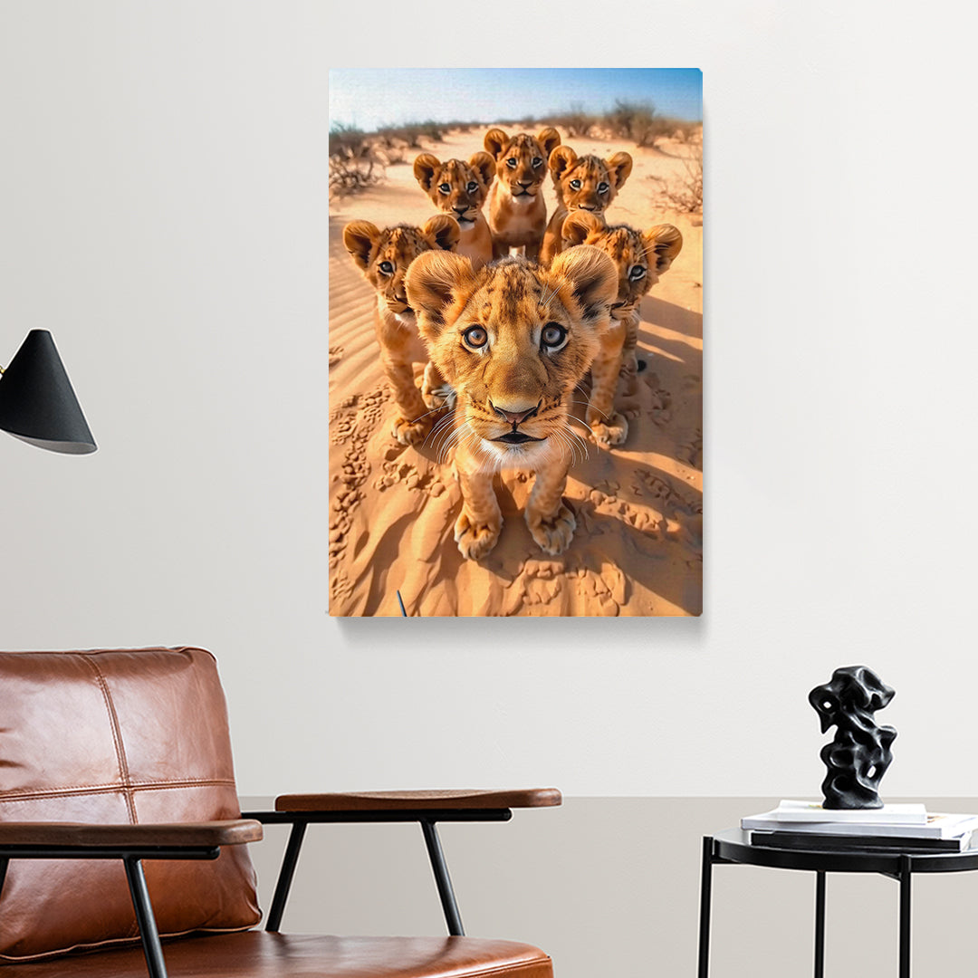 Curious Lion Cubs in Desert Canvas Print ArtLexy 1 Panel 16"x24" inches 