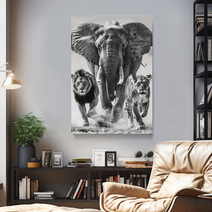 Majestic Elephant, Lion and Lioness Canvas Print ArtLexy 1 Panel 16"x24" inches 