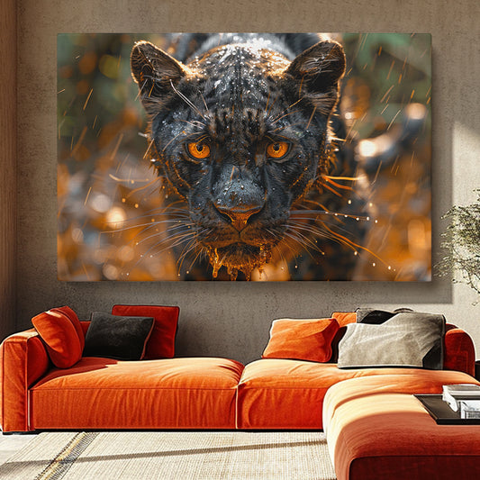 Black Panther in Rain Canvas Print ArtLexy 1 Panel 24"x16" inches 